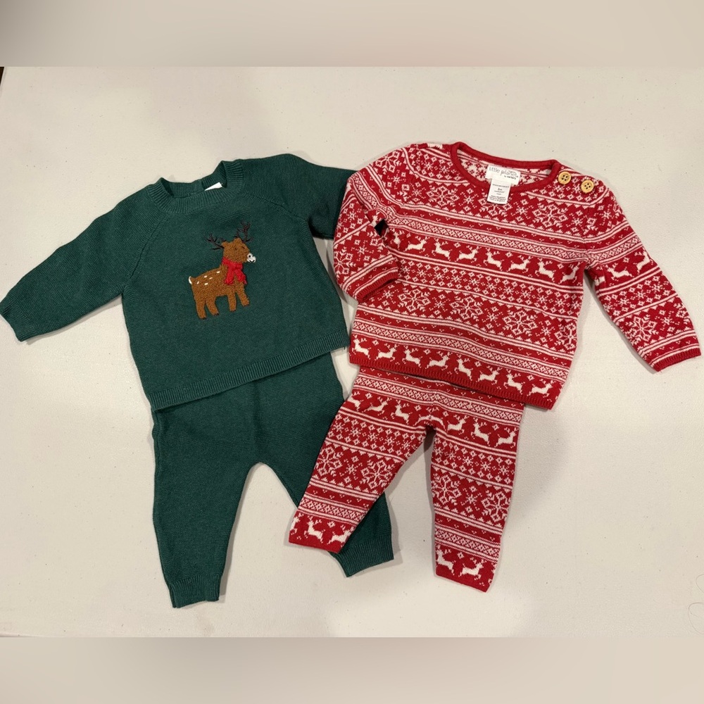 Bundle of 2 Baby 3 M Holiday Reindeer Sweater Sets- Little Planet and Little Me